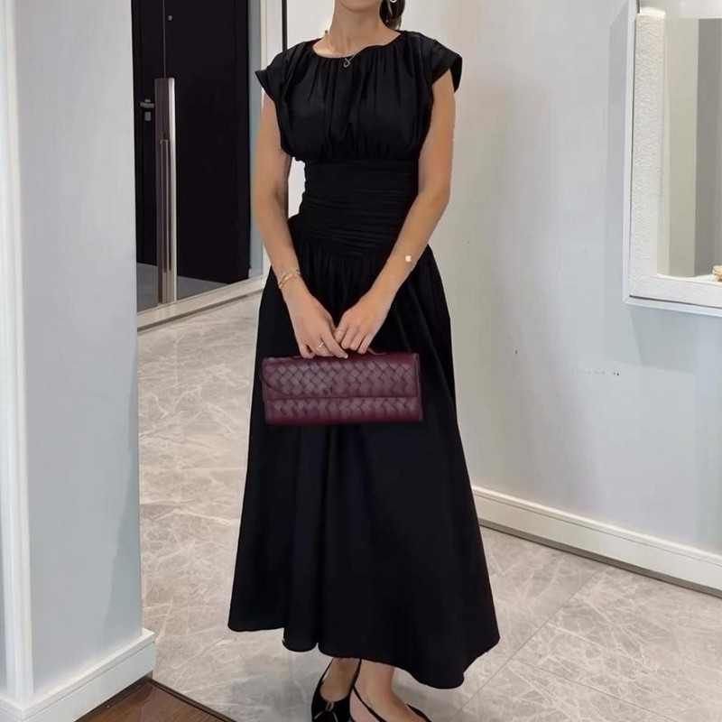 French Style Simple Solid Color Evening Dress Elegant Pleated Slim Party Dress New Summer Women O Neck Short Sleeve A-line Dress