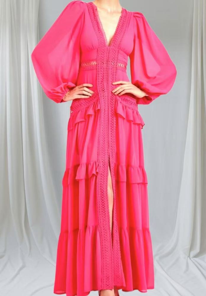 Elegant Women Lace Ruffles Long Dress Sexy Solid Deep V Neck Lantern Long Sleeve Dresses Autumn Hollow Out Solid Party Dress