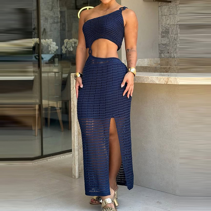 Women's Knitted 2 Piece Set – Sleeveless Sloping Collar Top & Hollow Out Long Skirt