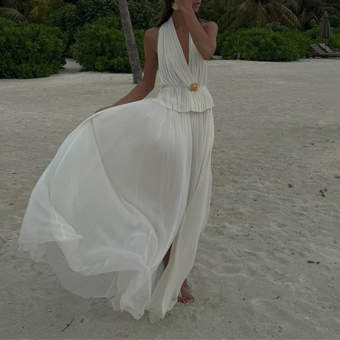 Women's Backless Halter 2 Piece Set – Deep V Top & Pleated Skirt Outfit