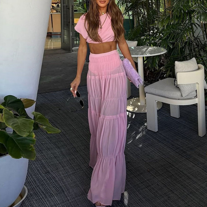 Women's 2 Piece Set – Solid Crop Top & Pleated Swing Skirt Outfit