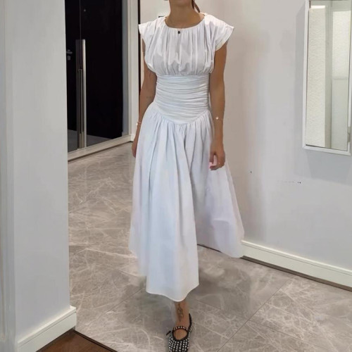 French Style Simple Solid Color Evening Dress Elegant Pleated Slim Party Dress New Summer Women O Neck Short Sleeve A-line Dress