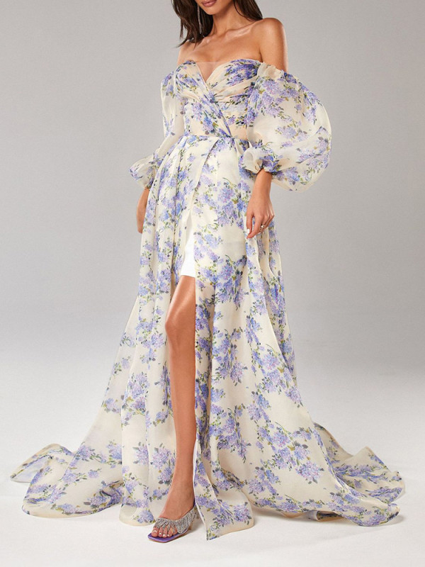 Elegant Puff Sleeve Off Shoulder Floral Print Dress Summer High Waist Pleat Evening Dress Lady Garden Party Floor-length Dresses