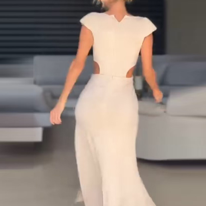 Elegant High Waist Pleated Split Long Dress Casual Spring Summer Solid Holiday Dresses Ladies Deep V Rose Patchwork Party Dress