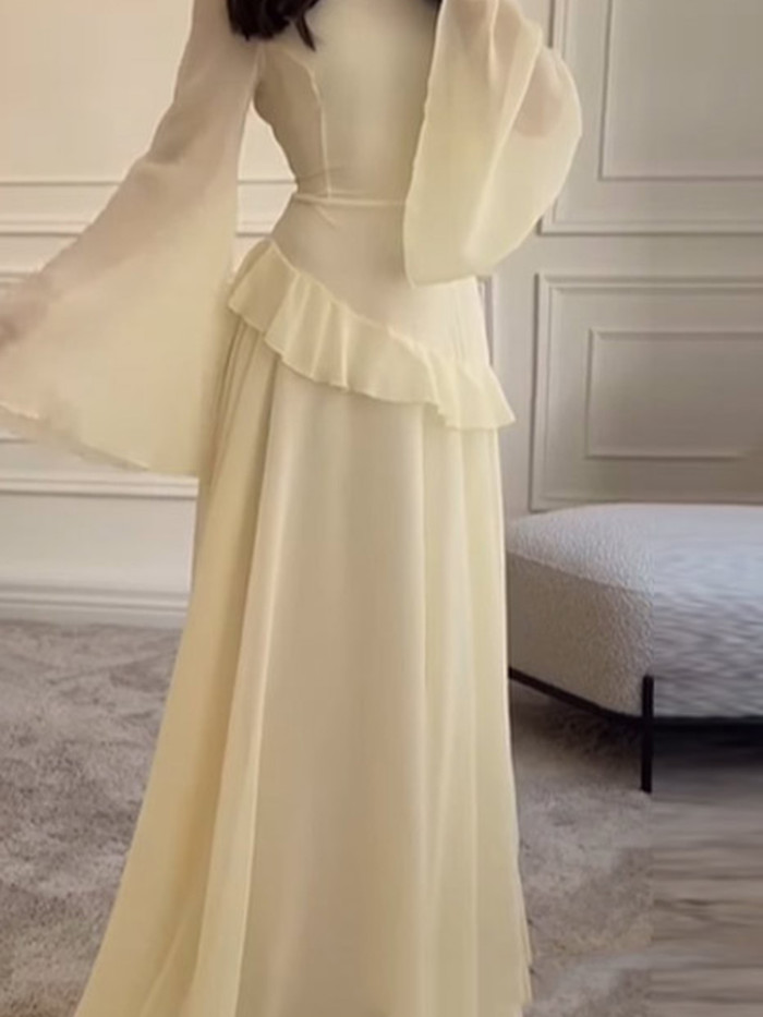 Muslim Women High Waist O-neck Pleated Long Dress Elegant Temperament Chiffon Dresses Solid Color Slim Flare Sleeve Party Dress