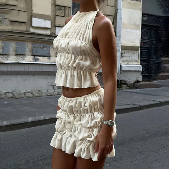 Fashion Solid Color Tie-up Tank Tops & Mini Skirts Sets Sexy Sleeveless Pleated Commute Outfits 2025 Summer Half Skirts 2pc Sets