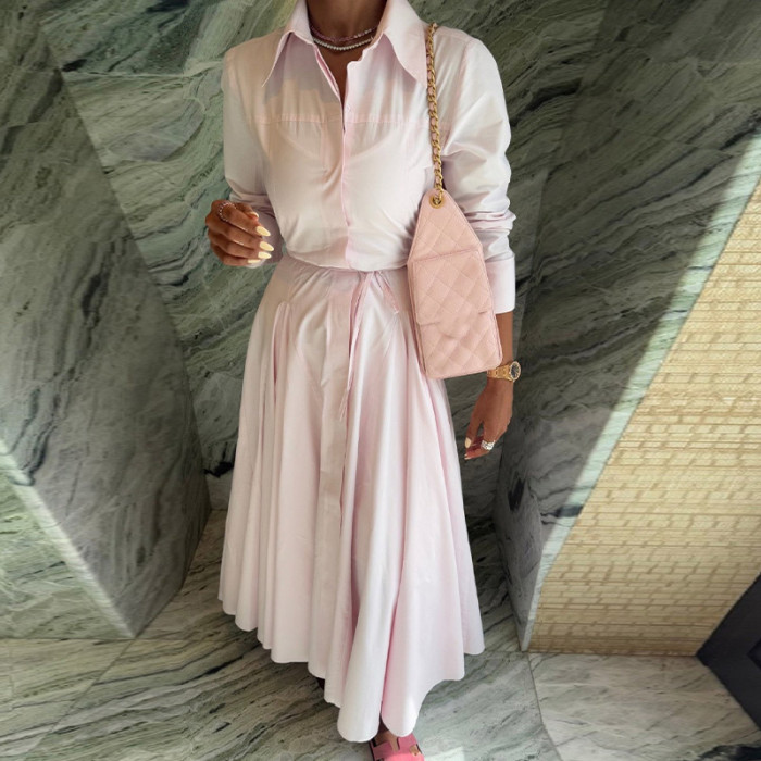 Temperament High Waist Long Sleeve Shirts&Skirts Sets Elegant Commute Solid Color Loose Two Piece Lady Casual Pleat Party Outfit