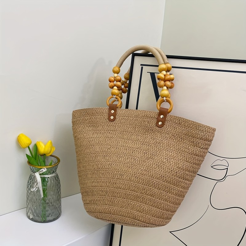 Women's Tote Bag 2025 New Vacation Style Beaded Decoration Large Capacity Straw Weaving Tote Bag Suitable for Holiday Travel, Shopping and Walking