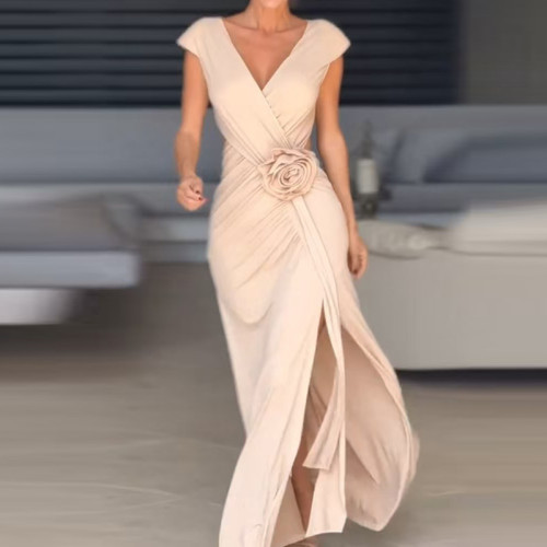 Elegant High Waist Pleated Split Long Dress Casual Spring Summer Solid Holiday Dresses Ladies Deep V Rose Patchwork Party Dress