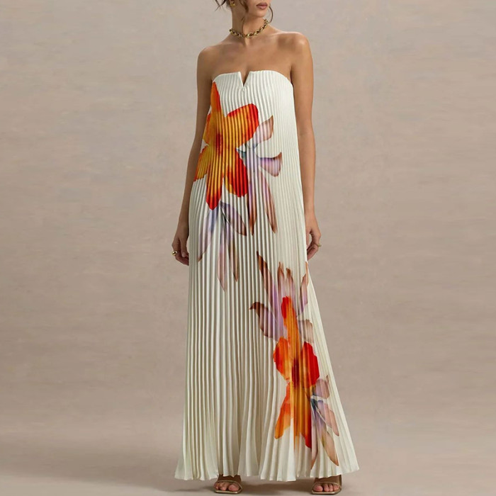Summer New Printed Chest Wrapping Dress Lady Off Shoulder Fold Banquet Dress Sexy Backless Sleeveless Evening Party Dress Women