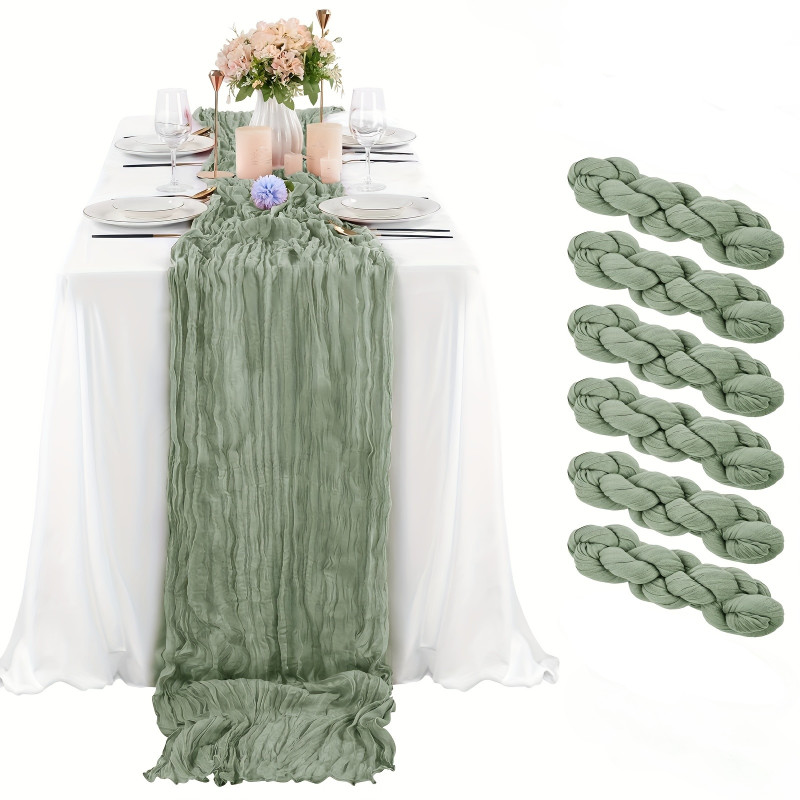6\u002F10-Pack Sage Green Polyester Table Runners - Vintage Wrinkle Sheer Gauze, Rectangular Cheese Cloth for Wedding Reception, Bridal Decorations, Transparent Table Overlay