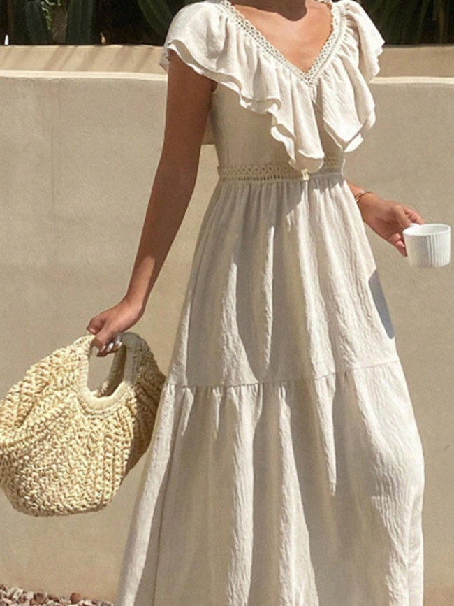 Women's Bohemian V-Neck Hollow Out Dress – Pleated High Waist Beach Party Dress