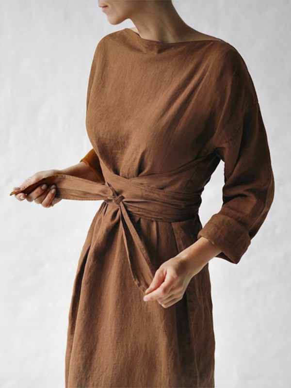 Women's Cotton Linen Maxi Dress – Solid Color Lace-Up Long Sleeve Casual Dress