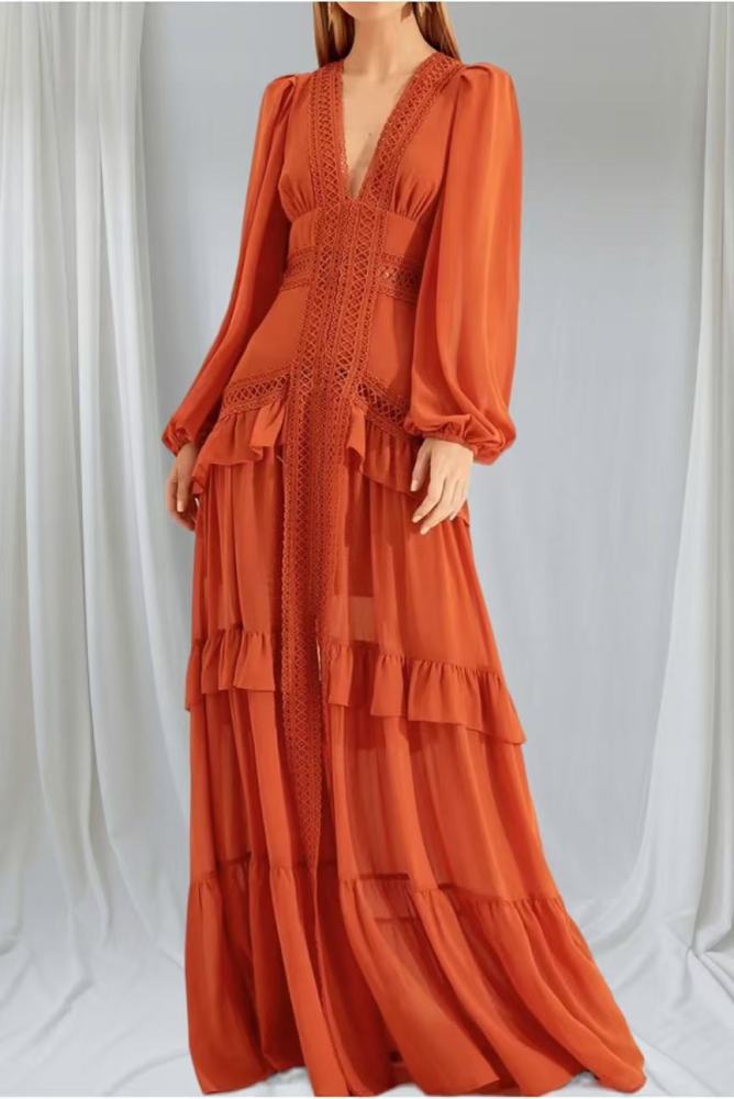 Elegant Women Lace Ruffles Long Dress Sexy Solid Deep V Neck Lantern Long Sleeve Dresses Autumn Hollow Out Solid Party Dress