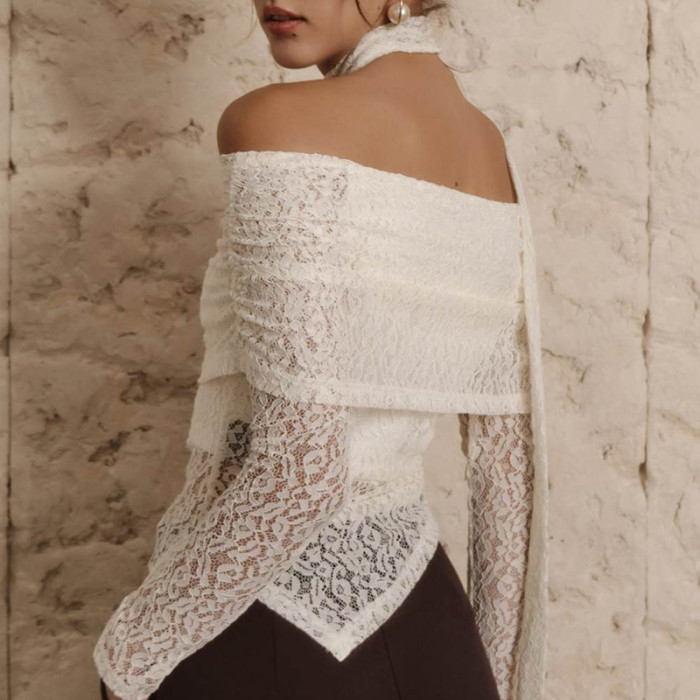 Sexy Slash Neck Off Shoulder Irregular Tops Casual Lace Embroidery Long Sleeve Pullovers Elegant Women Scarf Decoration Shirts