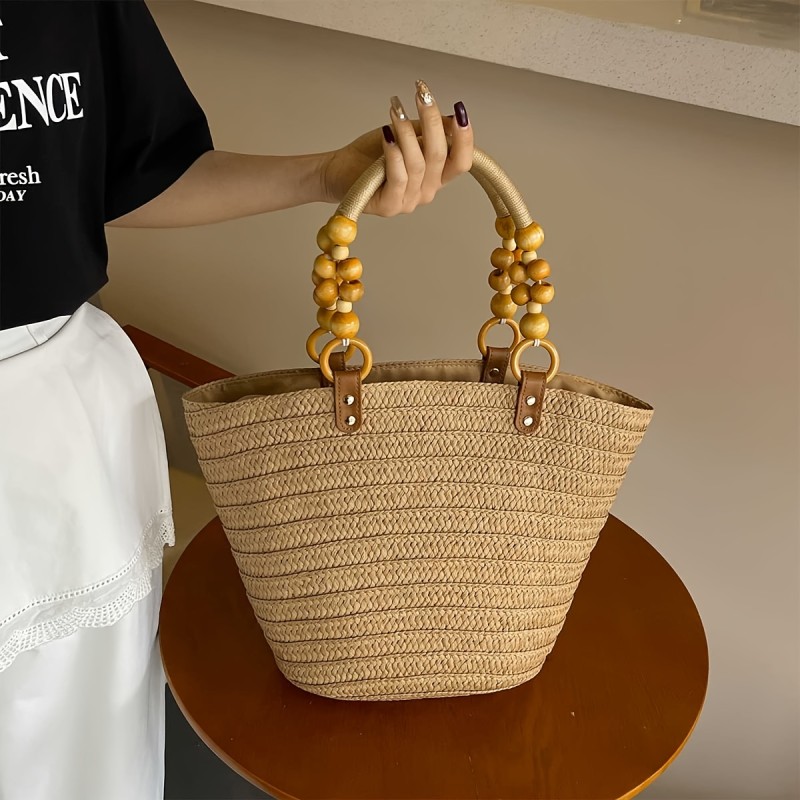 Women's Tote Bag 2025 New Vacation Style Beaded Decoration Large Capacity Straw Weaving Tote Bag Suitable for Holiday Travel, Shopping and Walking
