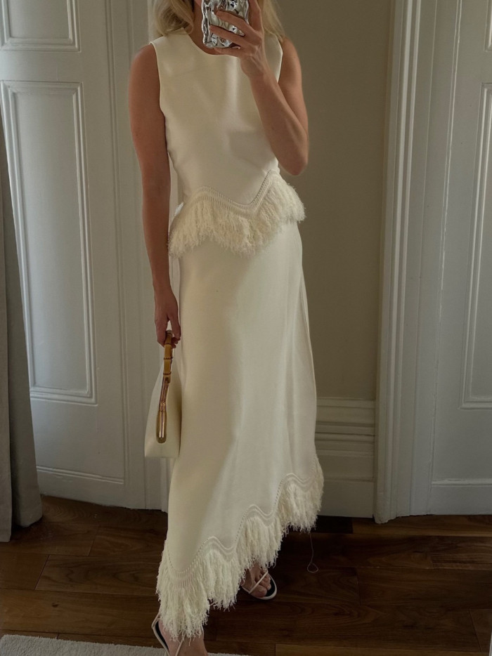 Women's Tassel Hem 2 Piece Set – Sleeveless Vest & Solid Long Skirt Outfit
