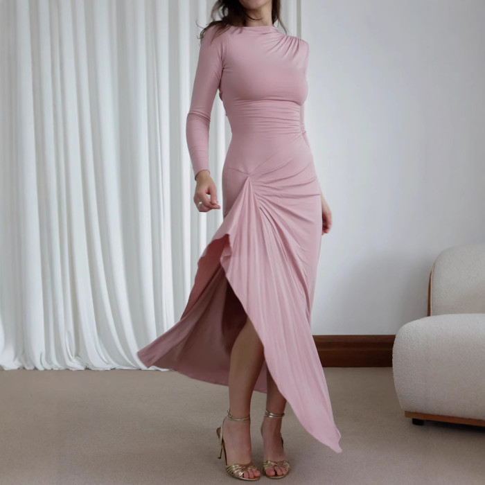 Women's Elegant Ruched Evening Dress – Long Sleeve Slit Party Gown