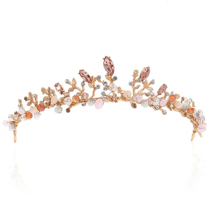 Women's Elegant Crowns Pink Crystal Rhinestone Floral Tiaras Metal Wedding Hair Jewelry Vintage Headpiece Bride Hairband
