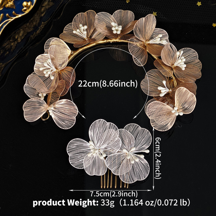 Handmade Pearl Headband Korean Aesthetic Gold Petal Hair Accessories Set Bridal Wedding Headdress Dress Hairbands