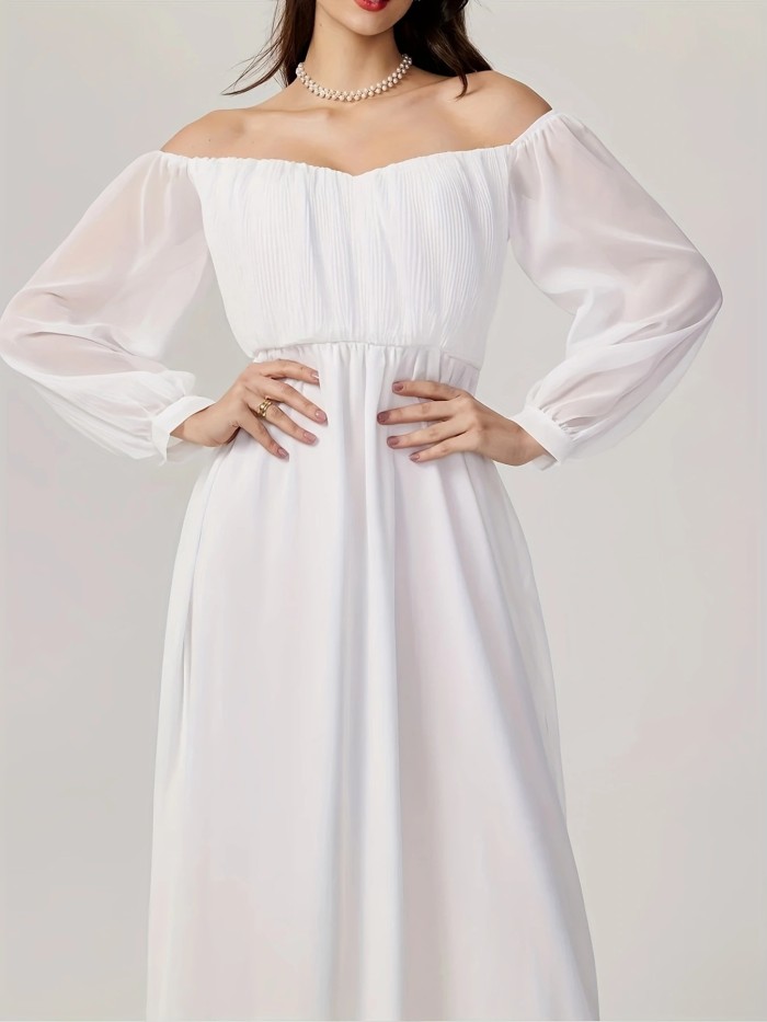 Women's White Off Shoulder Evening Dress – Elegant Pleated A-Line Wedding Gown