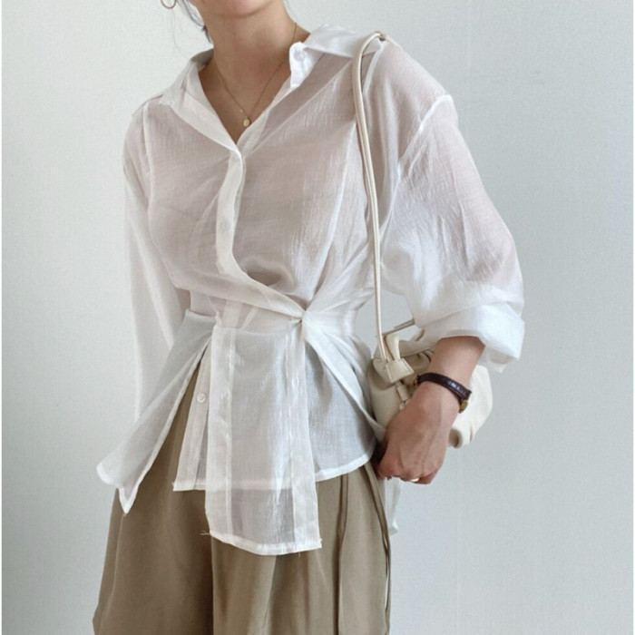 Women's Irregular Blouse – Long Sleeve Loose Button Shirt Top
