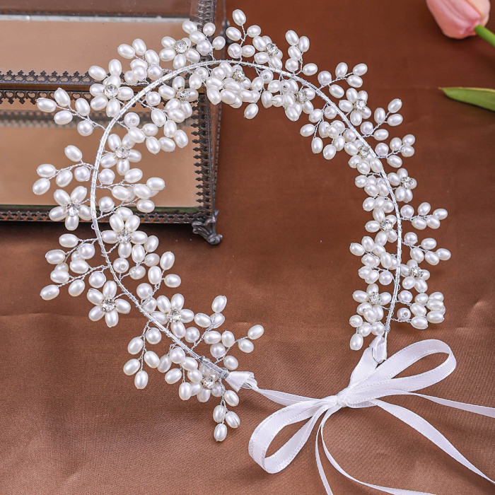 Pearl Bridal Hairband Wedding Hair Accessories With Ribbon New Fashion Silver Color Headbands Beauty Tiaras Prom Hair Jewelry