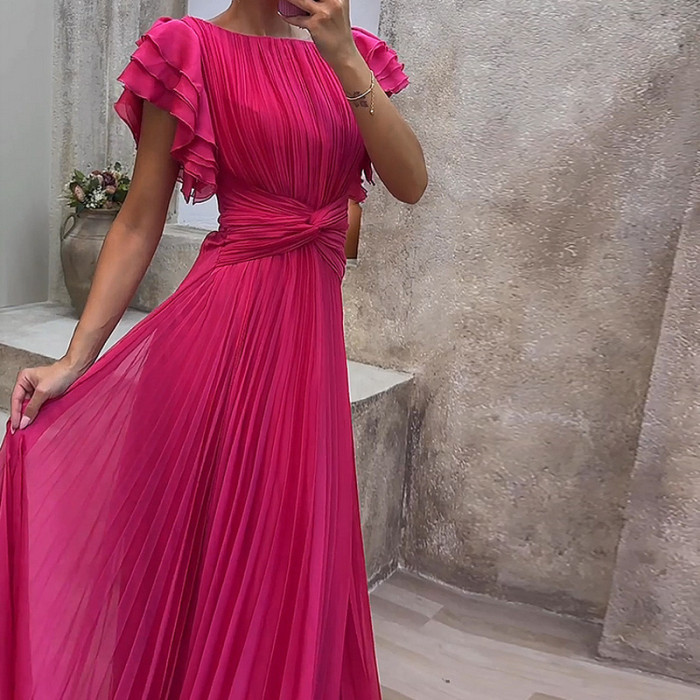 Women's Pleated Maxi Dress – Elegant High Waist Solid Color A-Line Gown