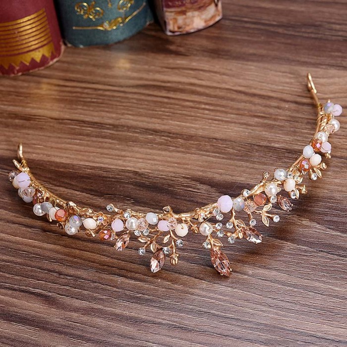Women's Elegant Crowns Pink Crystal Rhinestone Floral Tiaras Metal Wedding Hair Jewelry Vintage Headpiece Bride Hairband
