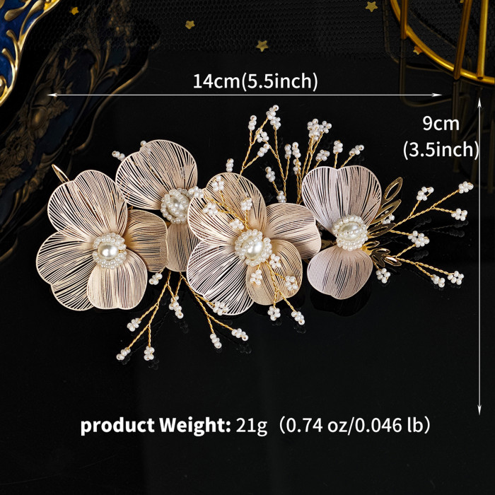 Handmade Pearl Headband Korean Aesthetic Gold Petal Hair Accessories Set Bridal Wedding Headdress Dress Hairbands
