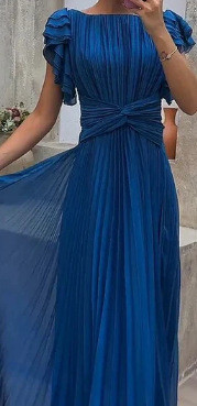 Women's Pleated Maxi Dress – Elegant High Waist Solid Color A-Line Gown