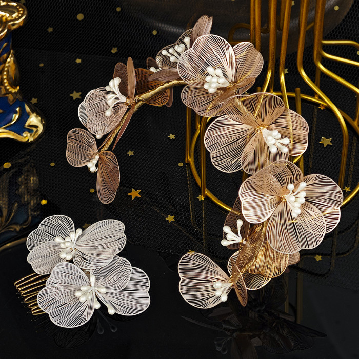 Handmade Pearl Headband Korean Aesthetic Gold Petal Hair Accessories Set Bridal Wedding Headdress Dress Hairbands