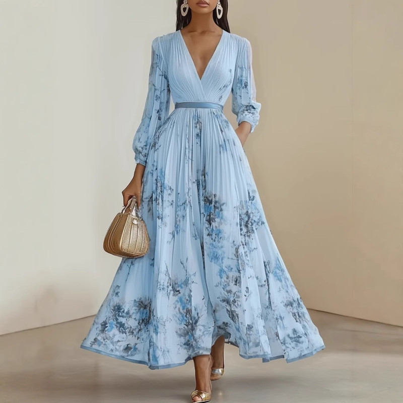 Women's Boho Floral Maxi Dress – Deep V-Neck Long Sleeve High Waist A-Line