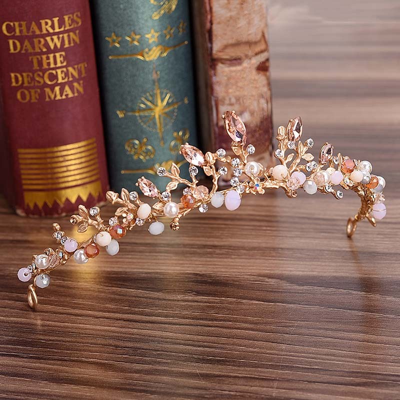 Women's Elegant Crowns Pink Crystal Rhinestone Floral Tiaras Metal Wedding Hair Jewelry Vintage Headpiece Bride Hairband