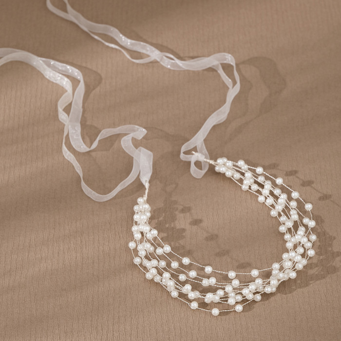 Full Pearls Hairband Women Tiaras Elegant Jewelry Wedding Bride Hair Accessories Girls Decoration With Ribbon Hair Decoration