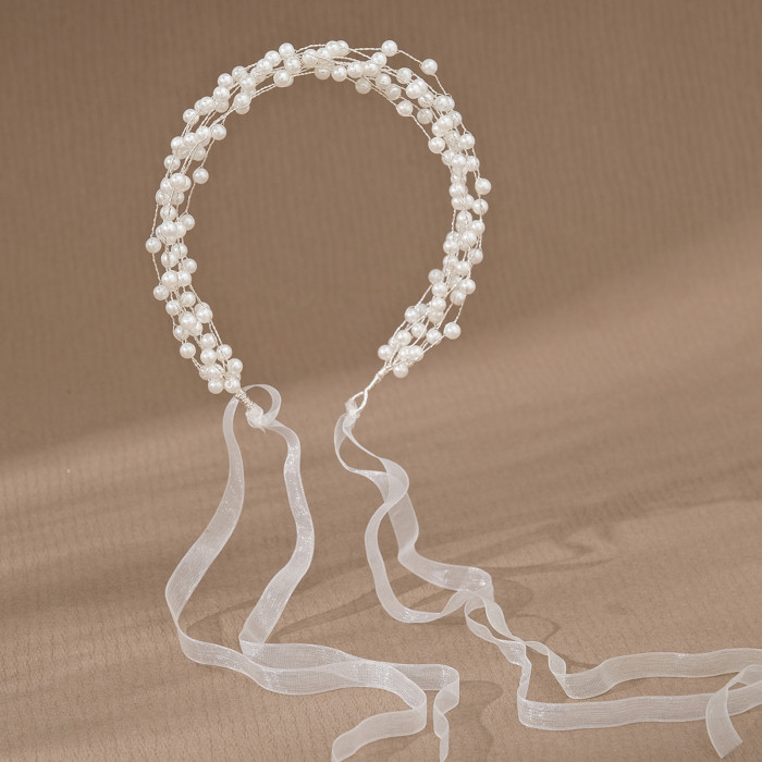 Full Pearls Hairband Women Tiaras Elegant Jewelry Wedding Bride Hair Accessories Girls Decoration With Ribbon Hair Decoration