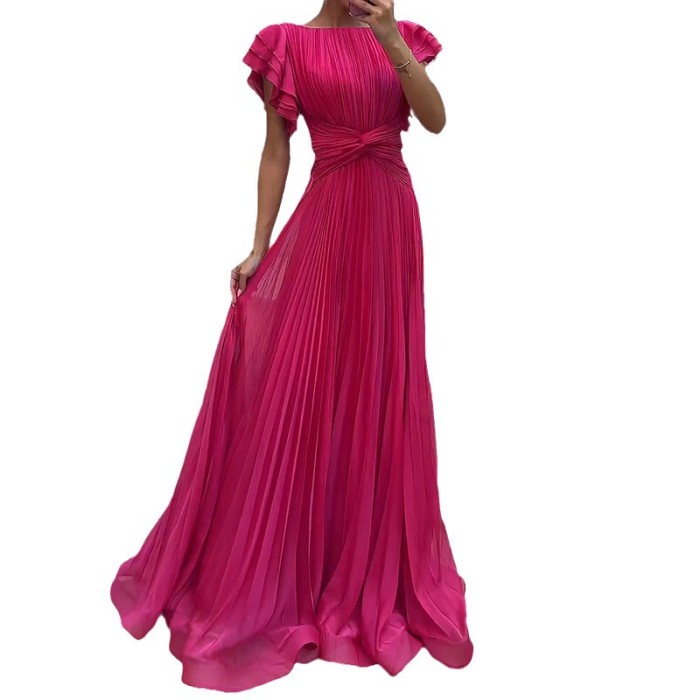 Women's Pleated Maxi Dress – Elegant High Waist Solid Color A-Line Gown