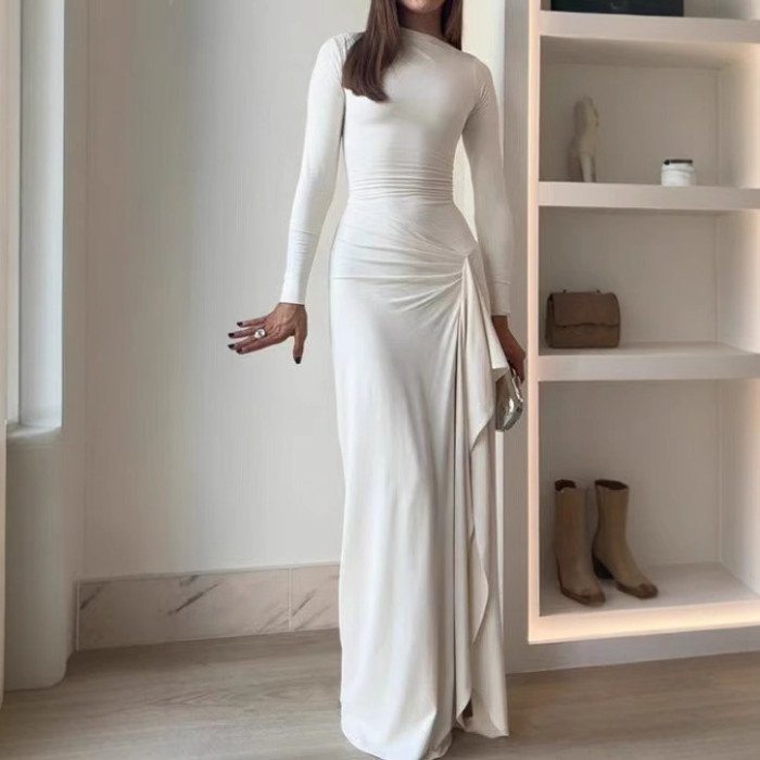 Women's Elegant Ruched Evening Dress – Long Sleeve Slit Party Gown