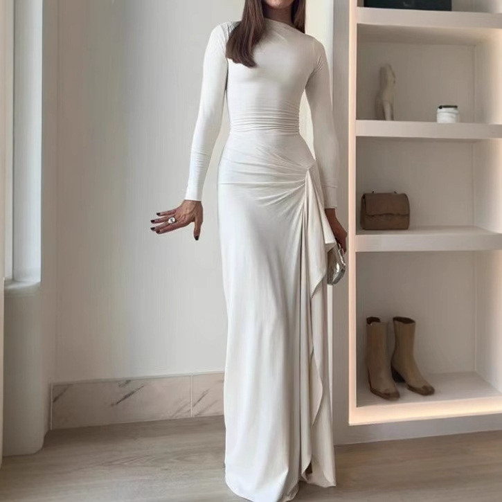 Women's Elegant Ruched Evening Dress – Long Sleeve Slit Party Gown