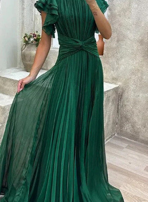 Women's Pleated Maxi Dress – Elegant High Waist Solid Color A-Line Gown