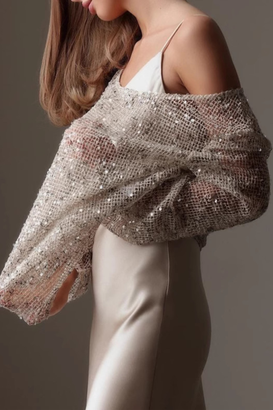 Women's Hollow Out Shiny Sweater – Loose Round Neck Long Sleeve Top