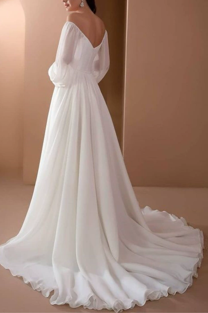 Women's White Off Shoulder Evening Dress – Elegant Pleated A-Line Wedding Gown
