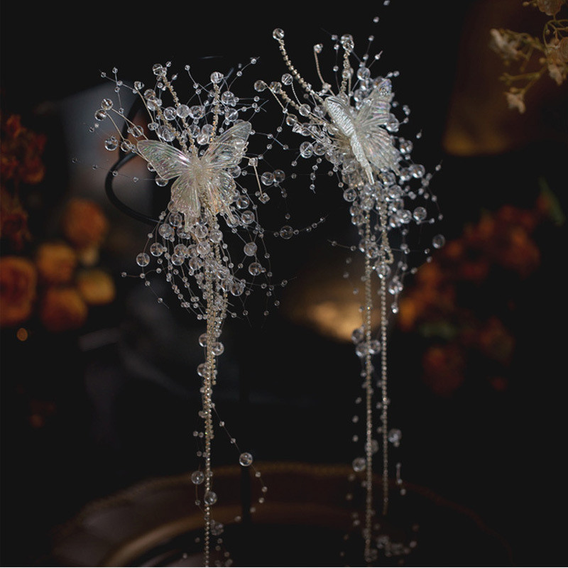 New Butterfly Hot Tassel Pearl Exquisite Hairpin Princess Bride Wedding Dress Headwear Senmeisen Crystal Hair Accessories
