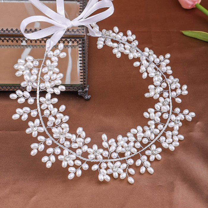 Pearl Bridal Hairband Wedding Hair Accessories With Ribbon New Fashion Silver Color Headbands Beauty Tiaras Prom Hair Jewelry