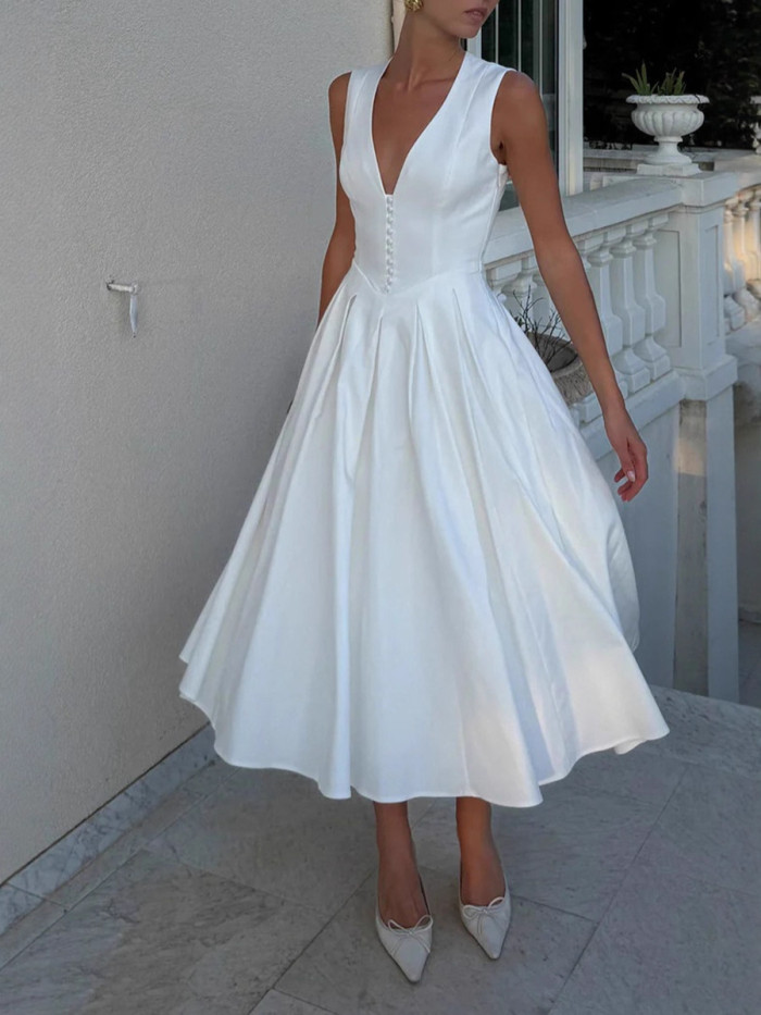 Simple Classic V-Neck Sleeveless Satin A-Line Formal Evening Dresses Birthday Party Prom Gowns