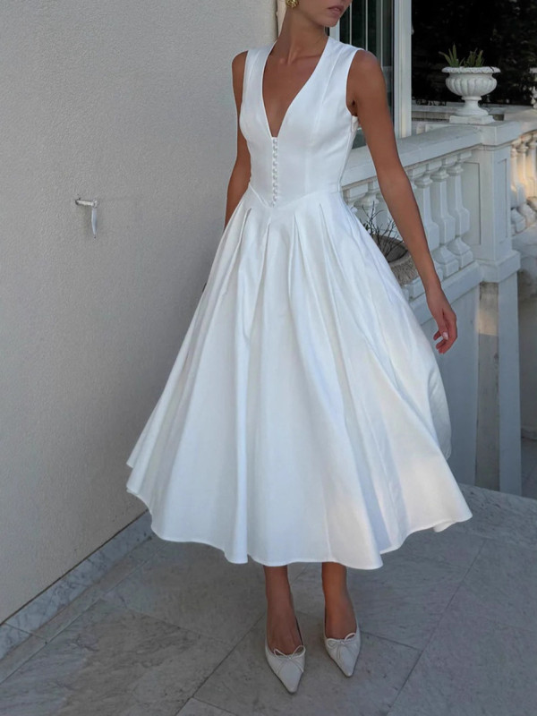 Simple Classic V-Neck Sleeveless Satin A-Line Formal Evening Dresses Birthday Party Prom Gowns