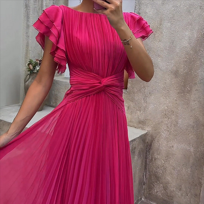 Women's Pleated Maxi Dress – Elegant High Waist Solid Color A-Line Gown