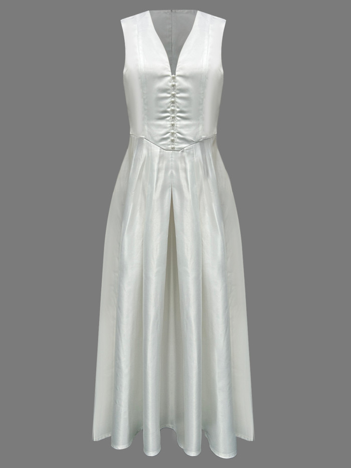 Simple Classic V-Neck Sleeveless Satin A-Line Formal Evening Dresses Birthday Party Prom Gowns