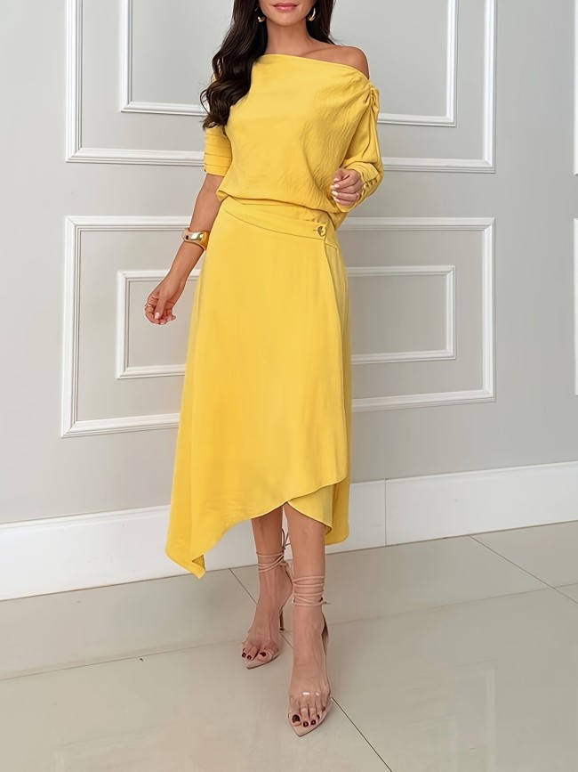 Solid Color Skew Collar Tops & Half Skirts Suits Women Casual Loose Long Sleeved Tops Two Piece Sets Elegant Commuting Outfits