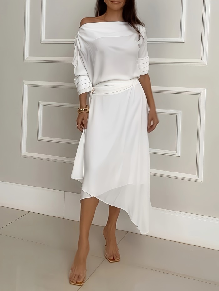 Solid Color Skew Collar Tops & Half Skirts Suits Women Casual Loose Long Sleeved Tops Two Piece Sets Elegant Commuting Outfits